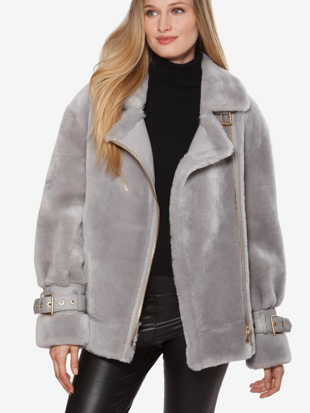 Plush Teddy Aviator Jacket in Light Gray